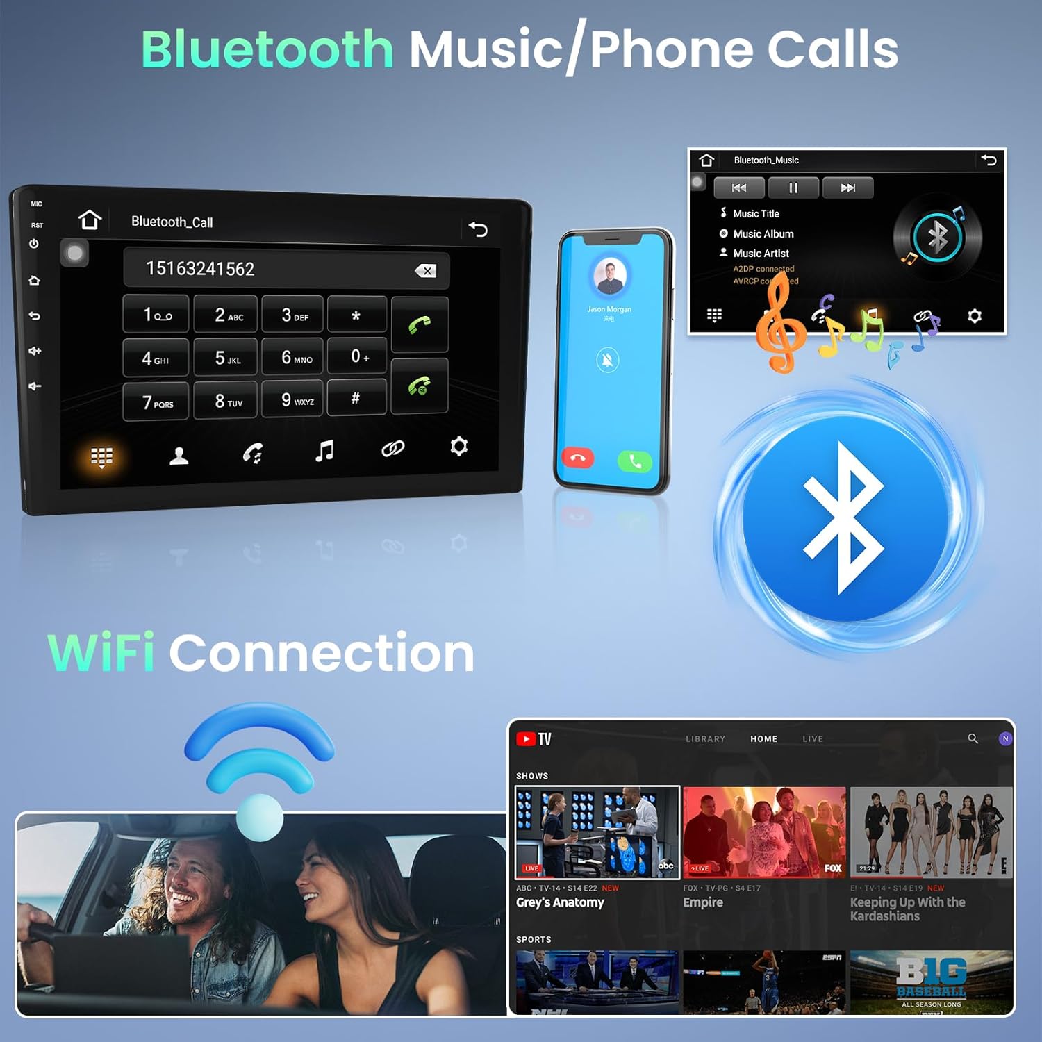 Image showing the Bluetooth phone call interface on the car stereo, a smartphone displaying an incoming call, and a music player interface with Bluetooth music streaming. Also shows a Wi-Fi connection icon.