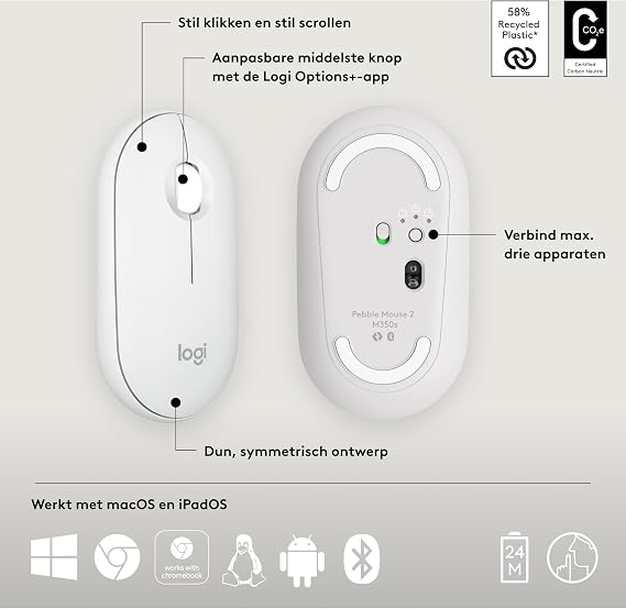 Logitech M350s Pebble Mouse 2 Slim Bluetooth Wireless Mouse, Portable, Lightweight, Customizable Key, Silent Click, Windows, macOS, iPadOS, Android, Chrome Operating Systems, Easy-Switch, White