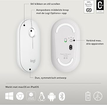 Logitech M350s Pebble Mouse 2 Slim Bluetooth Wireless Mouse, Portable, Lightweight, Customizable Key, Silent Click, Windows, macOS, iPadOS, Android, Chrome Operating Systems, Easy-Switch, White