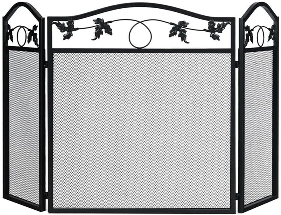 Iron Fireplace Screen Panel - Tri-fold Maple Leaf Design, Decorative Floor Partition for Home, Furnace Fence Spark Guard Cover, Elegant Fire Safety Solution