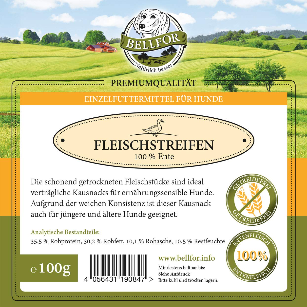 Bellfor Ausgesuchtes Fleisch und natürliche Zutaten Gutshof-Schmaus Trockenfutter 7,5 kg Enten Fleischstreifen Hundesnack 100 g und Knabber Schmaus Kekse mit Huhn 100 g