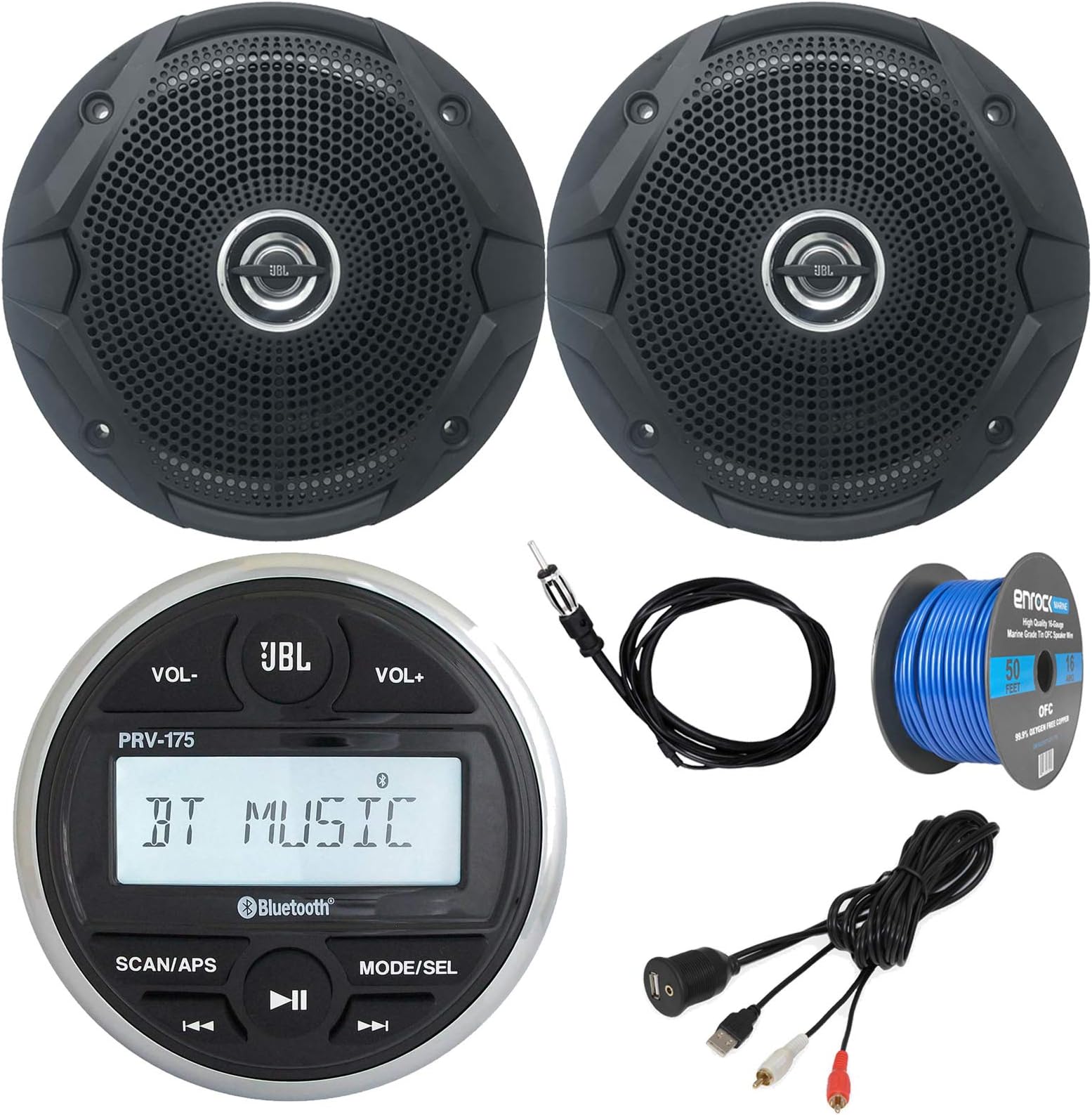 Gauge Style Marine Digital Media Bluetooth Receiver Bundle Combo with 2 x 6.5" 150 Watts Dual Cone Black Boat Speakers, Enrock USB/AUX Interface, Enrock Hideaway Antenna, Enrock Speaker Wire