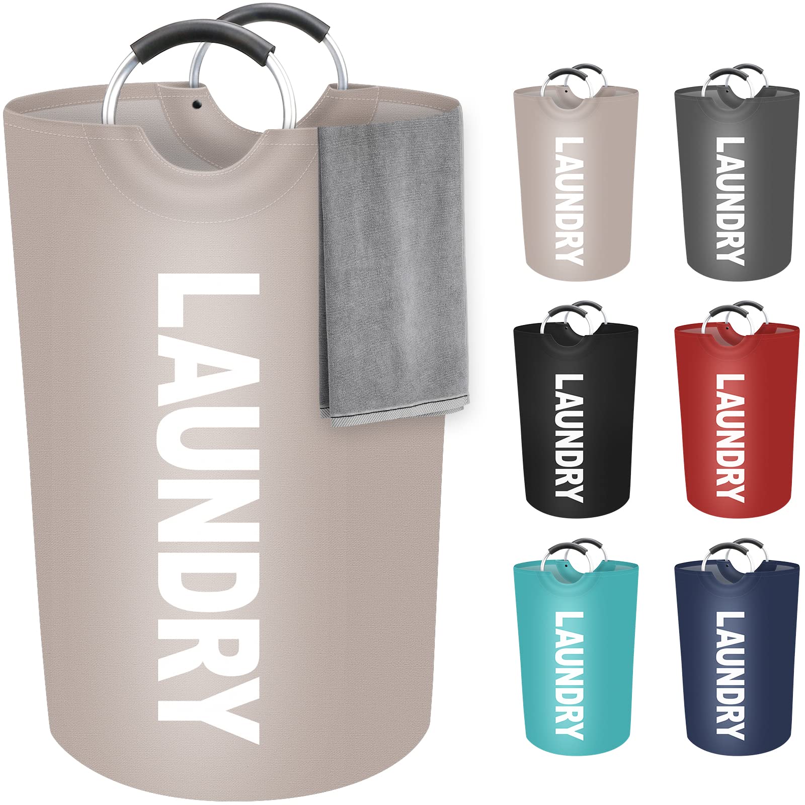 StorageRight 115L Large Laundry Basket, Laundry Hamper, Dirty Clothes Hamper for Laundry, Collapsible, Waterproof Laundry Baskets with Foam Protected Aluminum Handles for Laundry, Dorm, Family (Khaki)