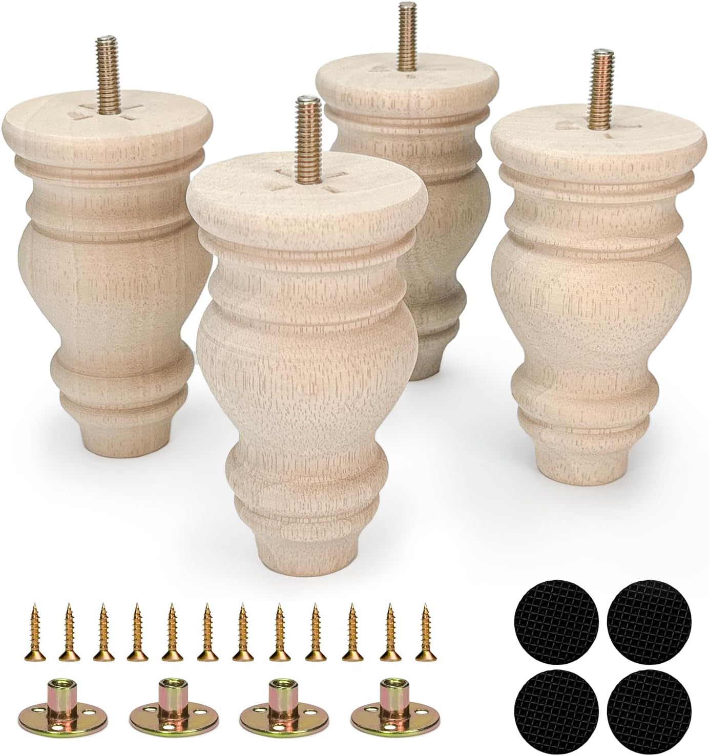 5 Inch Wooden Furniture Legs, Set of 4 Replacement Solid Wood Unfinished Round Furniture Bun Feet for Couch Chair Sofa Dresser Desk Table Cabinet Bed Bookcase (5inch)