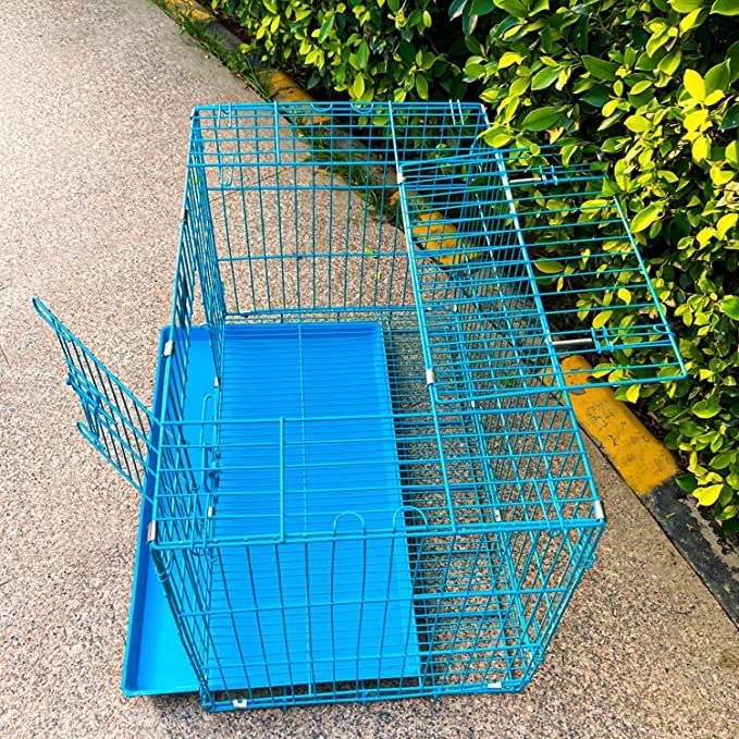 Image of RvPaws Dog Cage - Powder Coated, Double Door Folding Metal Cage /Crate /Kennel with Removable Tray and Paw Protector for Dogs, Cats and Rabbits (Blue, 30 Inch)