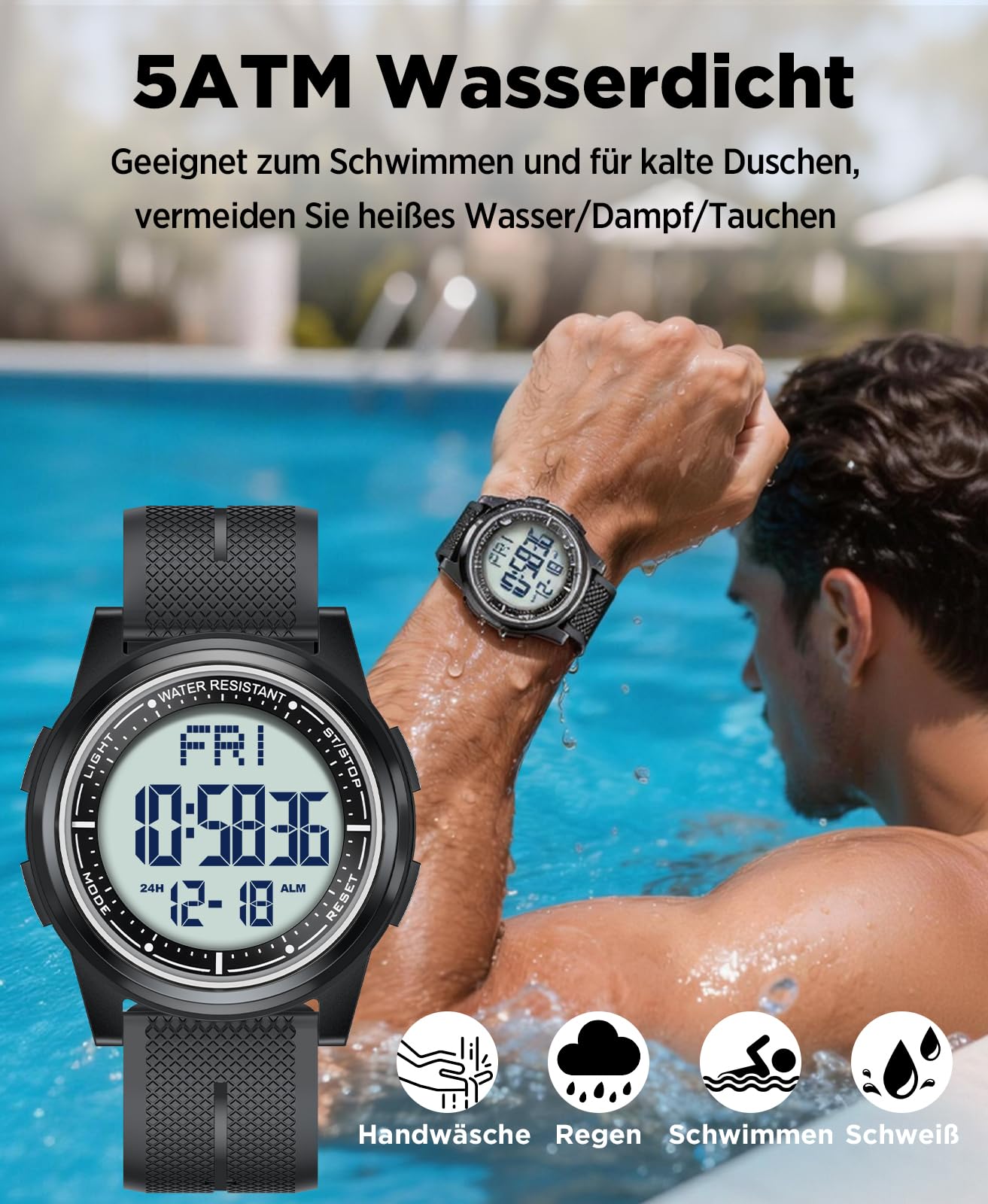 WIFORT Digital Herren Damen Uhren 5 ATM Wasserdicht Sport Armbanduhr mit Wecker Stoppuhr Countdown Duale Zeitzone, Ultradünn Weitwinkel Anzeige Digitaluhr für Jungen Mädchen