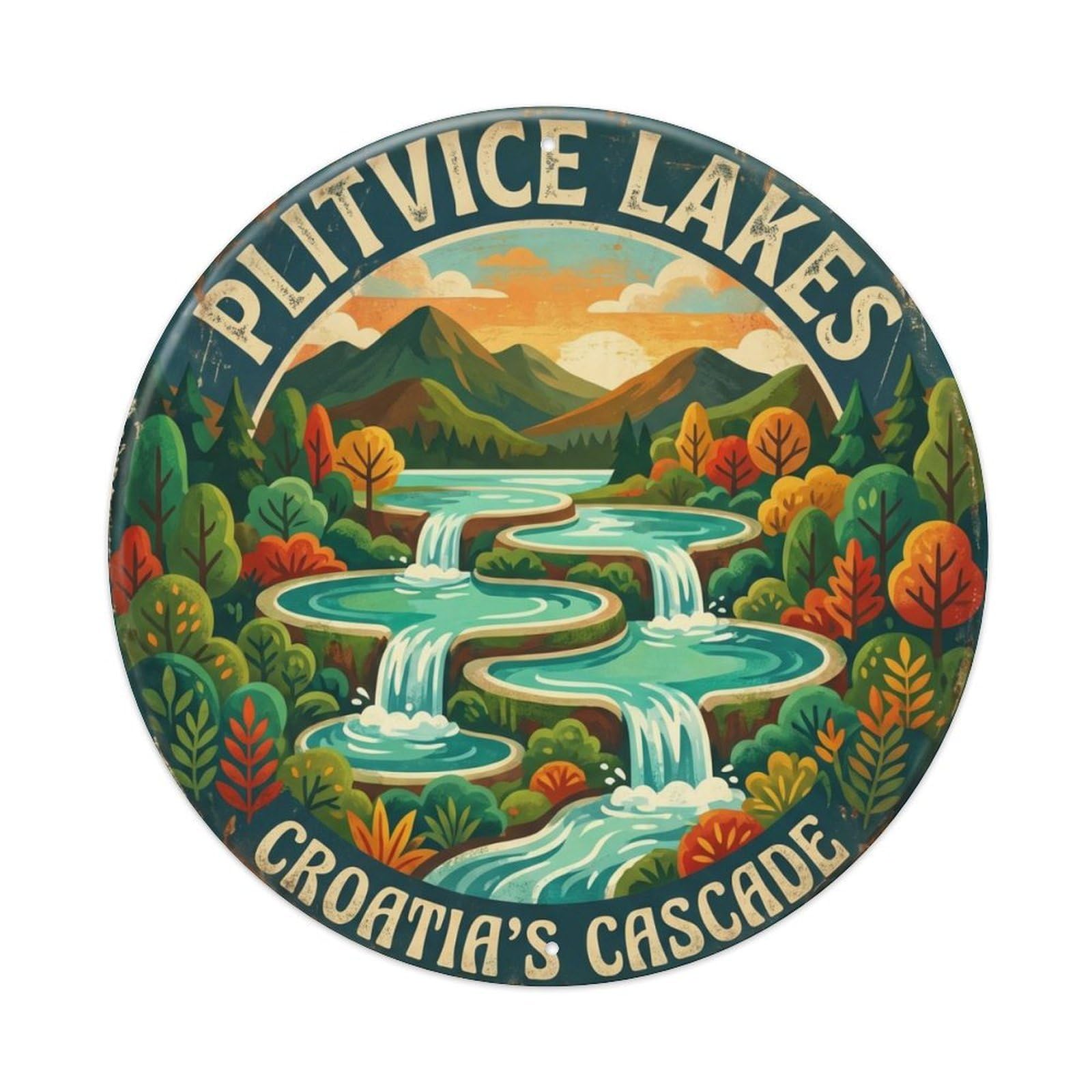 Vintage Travel Plitvice Croatia Lakes Metal Tin Sign Plaque Wall Decor for Cafe, Club Bar, Office, Home Garden Round Metal Poster 8x8Inch