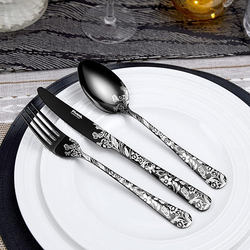 Miniatura 8 de Fivent Juego de cubiertos Jungle Black - 20 piezas incluye 8 cucharas 8 tenedores 4 cuchillos acero inoxidable apto para lavavajillas vajilla pulida