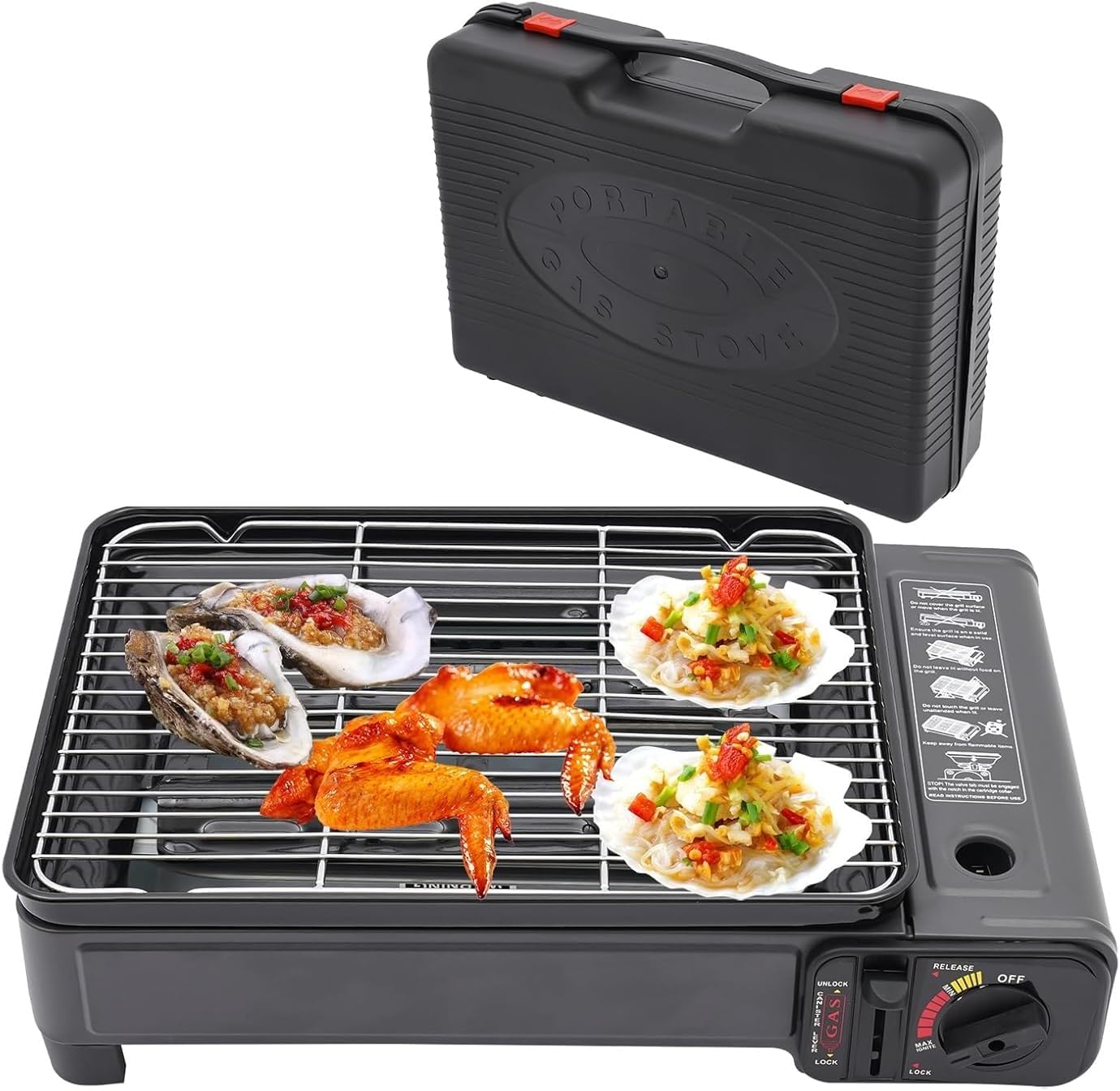 PortableTabletop BBQ Grill, Butane Gas Grill, Adjustable Firepower Mini Propane Grill With Carry Case and Collect Oil Tray for Outdoor Casual Cooking Camping