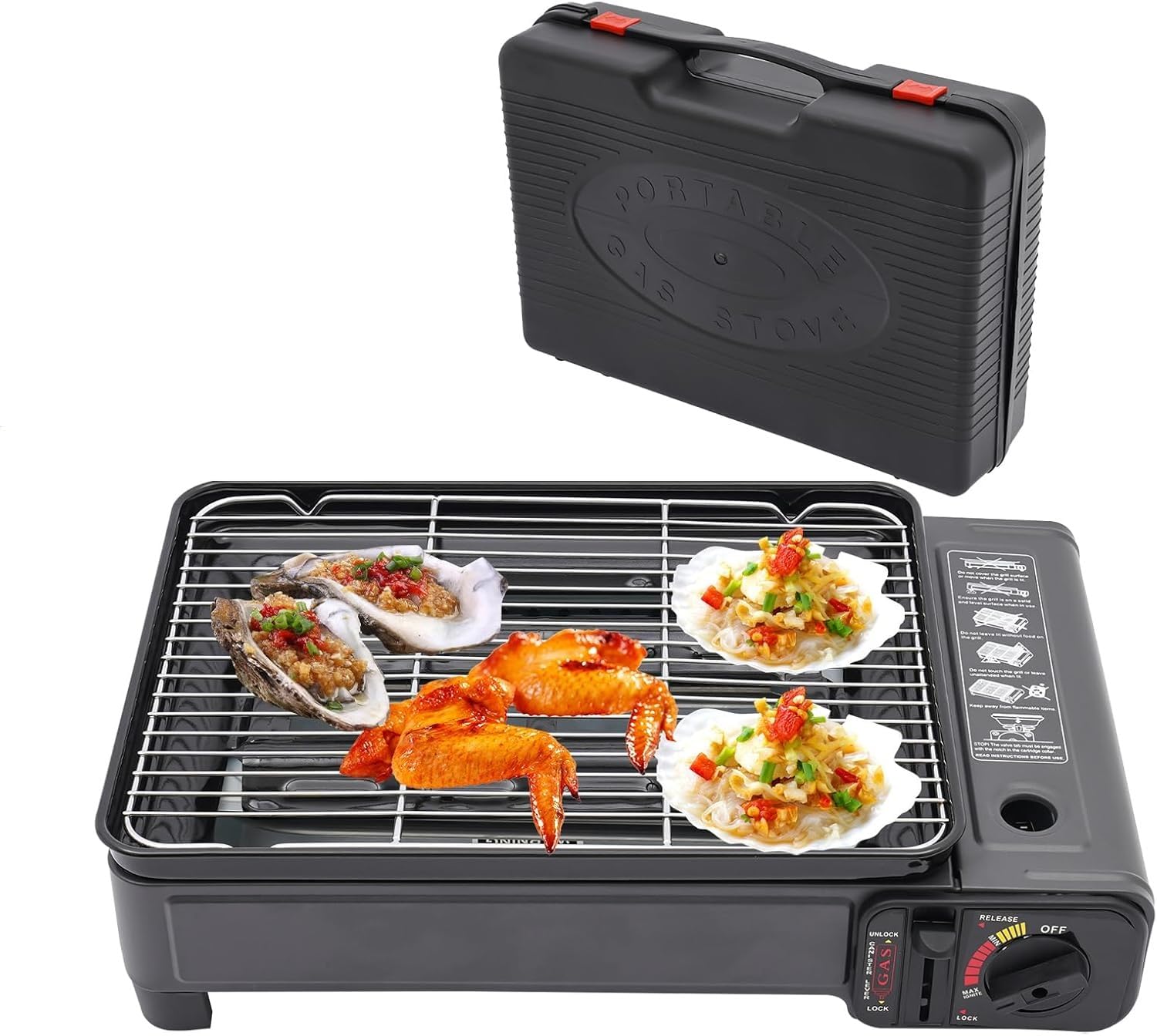 Przenośny grill stołowy, grill gazowy na butan, regulowany mini grill na propan z torbą do przenoszenia i tacą na olej na zewnątrz, na co dzień, na kemping, do gotowania