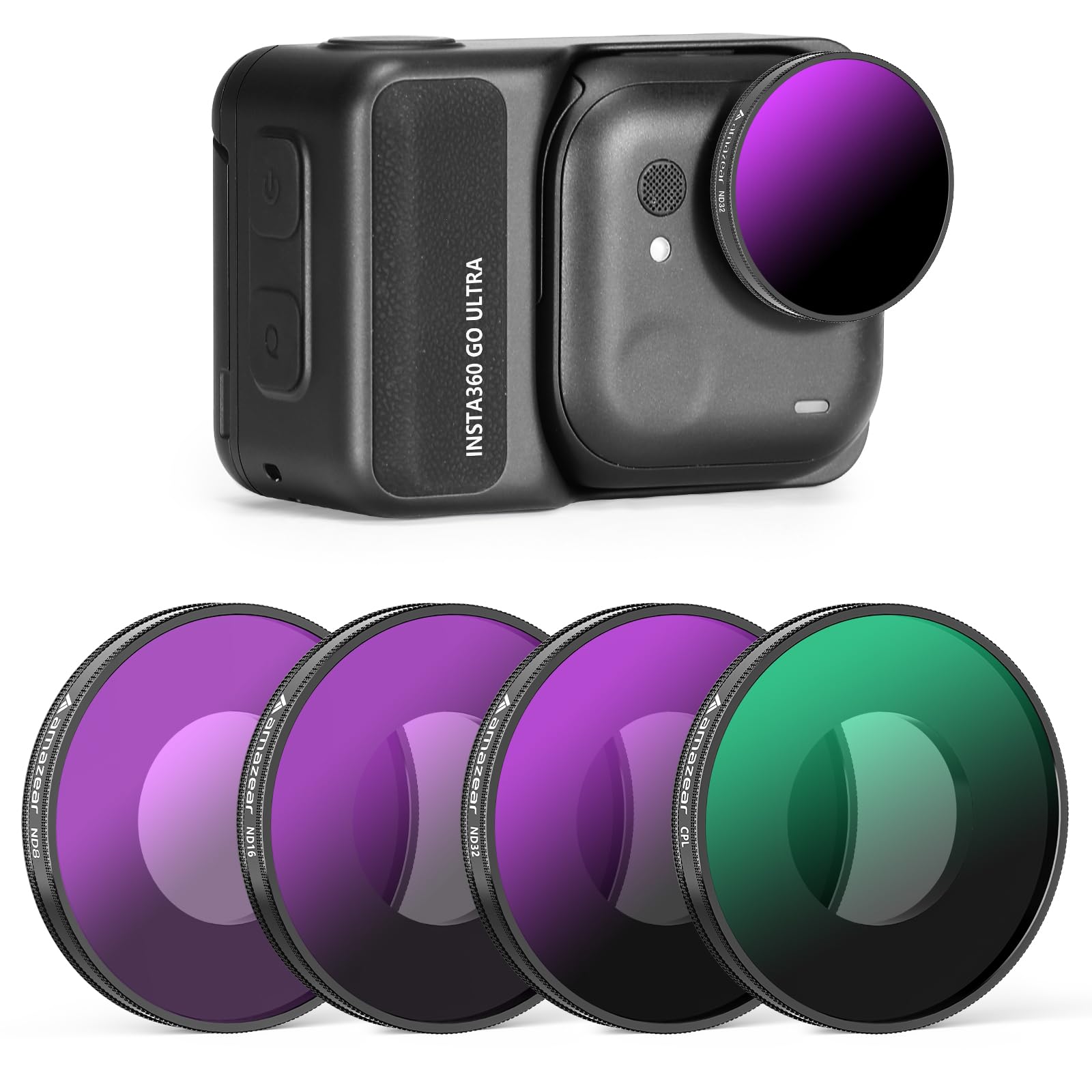 AMAZEAR ND & CPL - Juego de filtros para Insta360 Go Ultra, Insta 360 Go Ultra Accesorios - ND8+ND16+ND32+CPL - Juego de 4 filtros de lente | Cristal óptico | HD | Repelente al aceite | Fácil de
