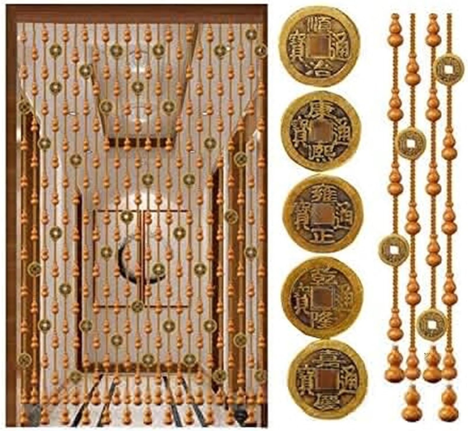 LXESWM Door Beads Door Curtain Beaded Curtain Wooden Beads Door String Curtains For Doorway Passage, Room Divider, Bronze Coin Vintage Partition, Chinese Style (Color : A, Size : 29 strands-120x81CM)
