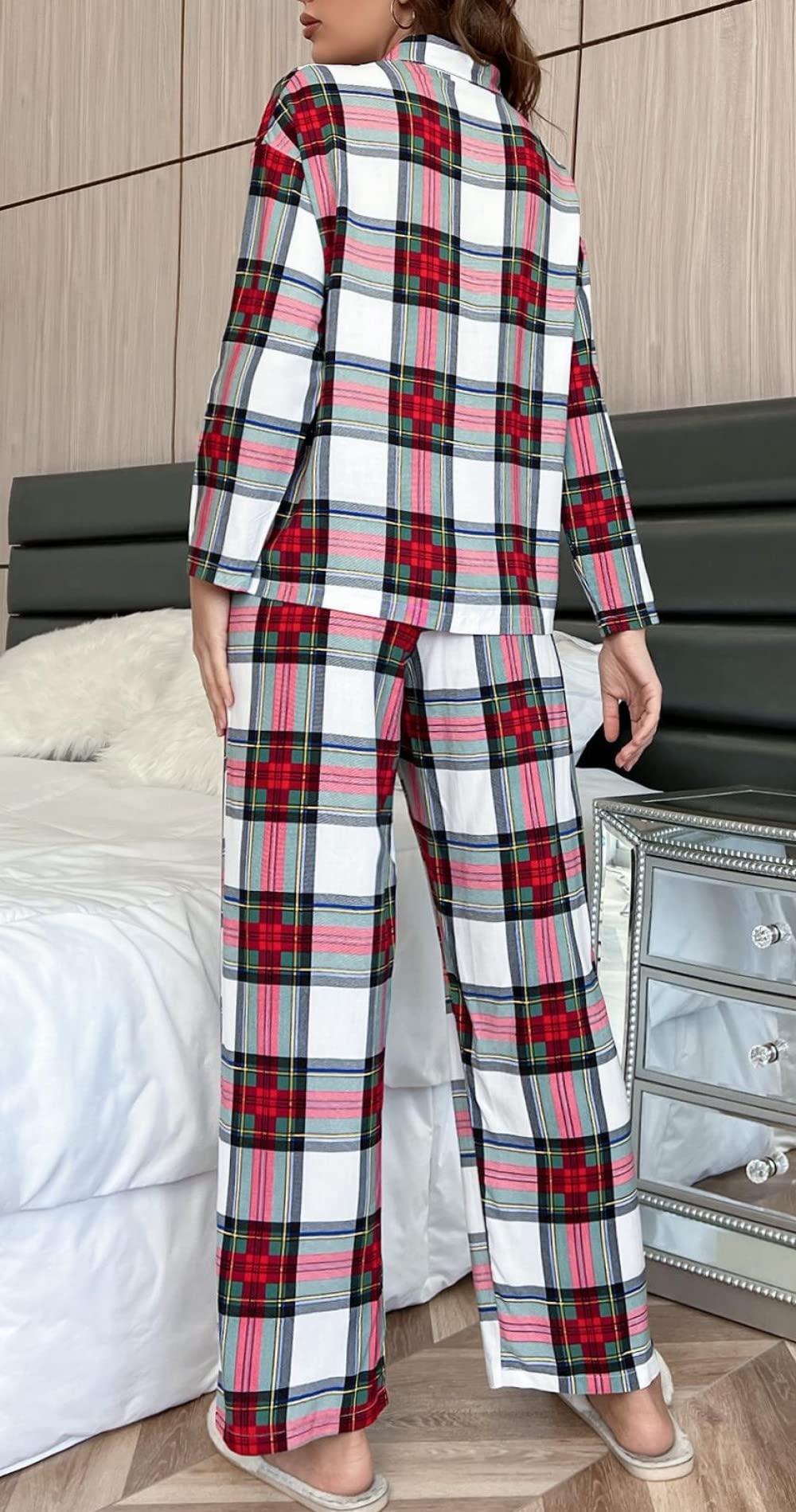 Ensembles De Pyjama Femme,Revers Classique Imprimé À Carreaux Polyester À Manches Longues Ensemble De Vêtements De Nuit Femmes Pyjama Deux Pièces Doux Classique Décontracté Loungewear Cadeau