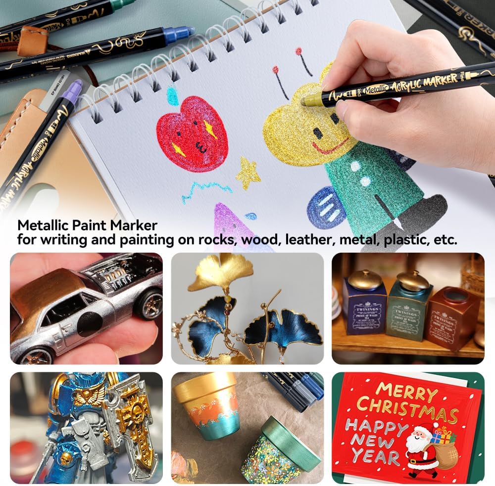 TRANSON 12Colors Metallic Paint Markers Bold and Fine Dual-tip for Rock Wood Ceramic Canvas DIY Painting Drawing - Image 2