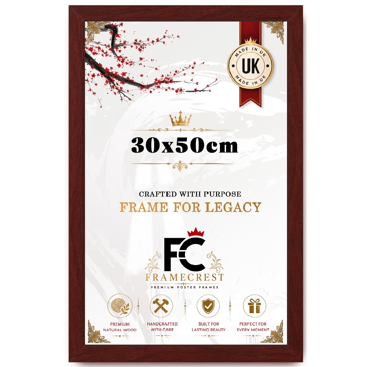 FRAMECREST 30x50cm MDF Poster Frame Mahogany | Lightweight Wood Frame with HD Perspex | Certificate Poster Photo Frame for Wall Hanging Home Office Display- [Mahogany]