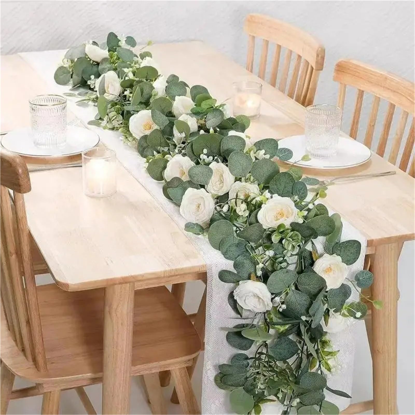 1pc Künstliche Girlande Mit Weiß Rose Grün Blatt Kranz Blume Reben for Hochzeit Home Party Tisch Läufer Dekoration für Hochzeit, Deko(Style A 1.8m)