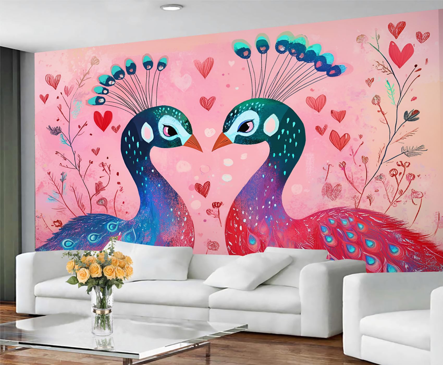 GIVLWF Pink Peacock Wallpaper, Peacock Feather Peel and Stick Wallpaper for Bedroom, Gorgeous Animal Wall Paper for Living Room, Vintage Bird Wall Mural, Oriental Large Mural & Room Decor โ image 1