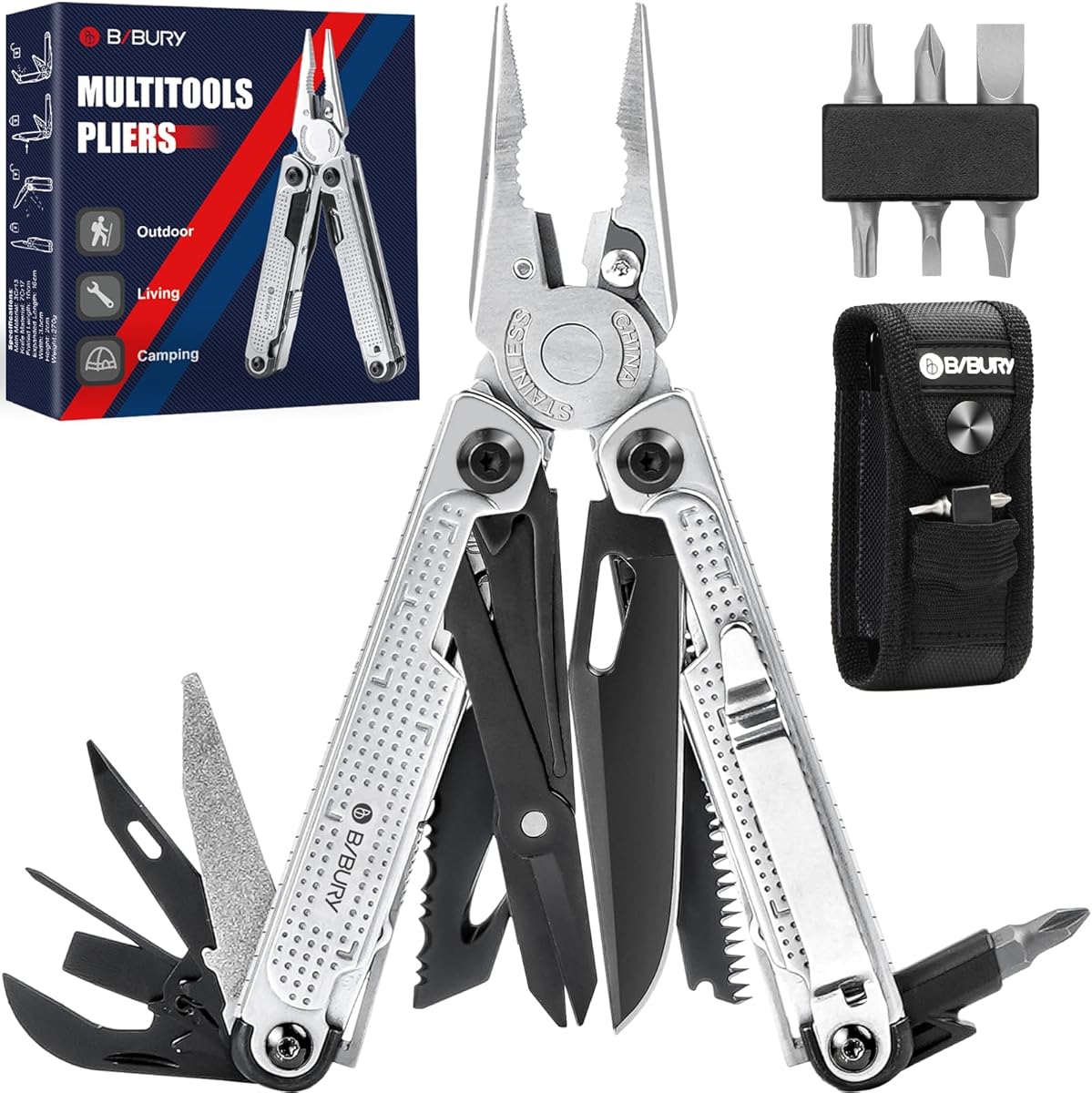 BIBURY Multitool Zange, Edelstahl Multi Tool mit verbessertem Seilschneider & Schraubenantrieb, Faltbare selbstsichernde Multitools mit Nylontasche für Camping Wandern Überleben Geschenk für Man Papa