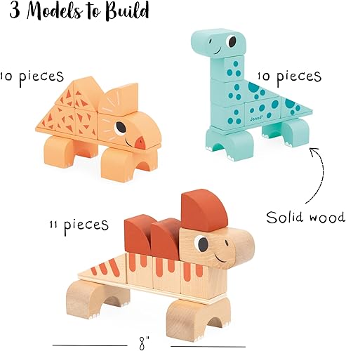 Miniatura 4 de Janod Dino - Bloques apilables de dinosaurio de madera de 31 piezas - Monta 3 dinosaurios lindos - Edades 2-5 años - J05833