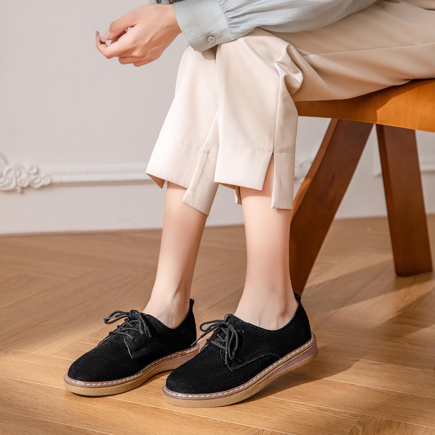 Veroders Women's Suede Oxford Shoes Classic Lace-Up Loafers Round Toe Comfortable Dress Business School Uniform Casual Flat - Image 2