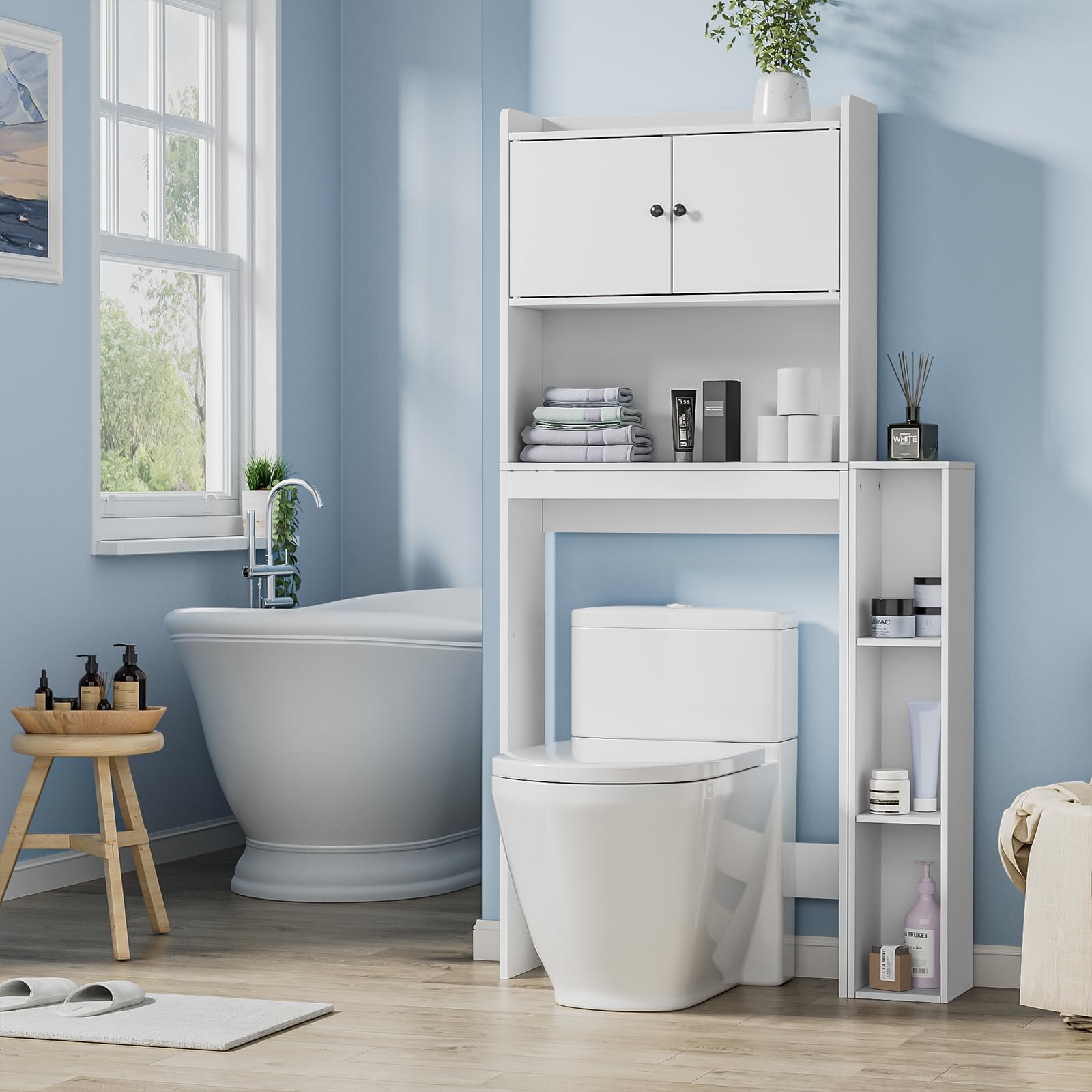 Waschmaschinenschrank mit 2 Türen - Weißer Badezimmerschrank 20x84x160 cm mit verstellbarem Einlegeboden & Seitenfach, 6 Fächer für Waschküche, Toilette & Bad