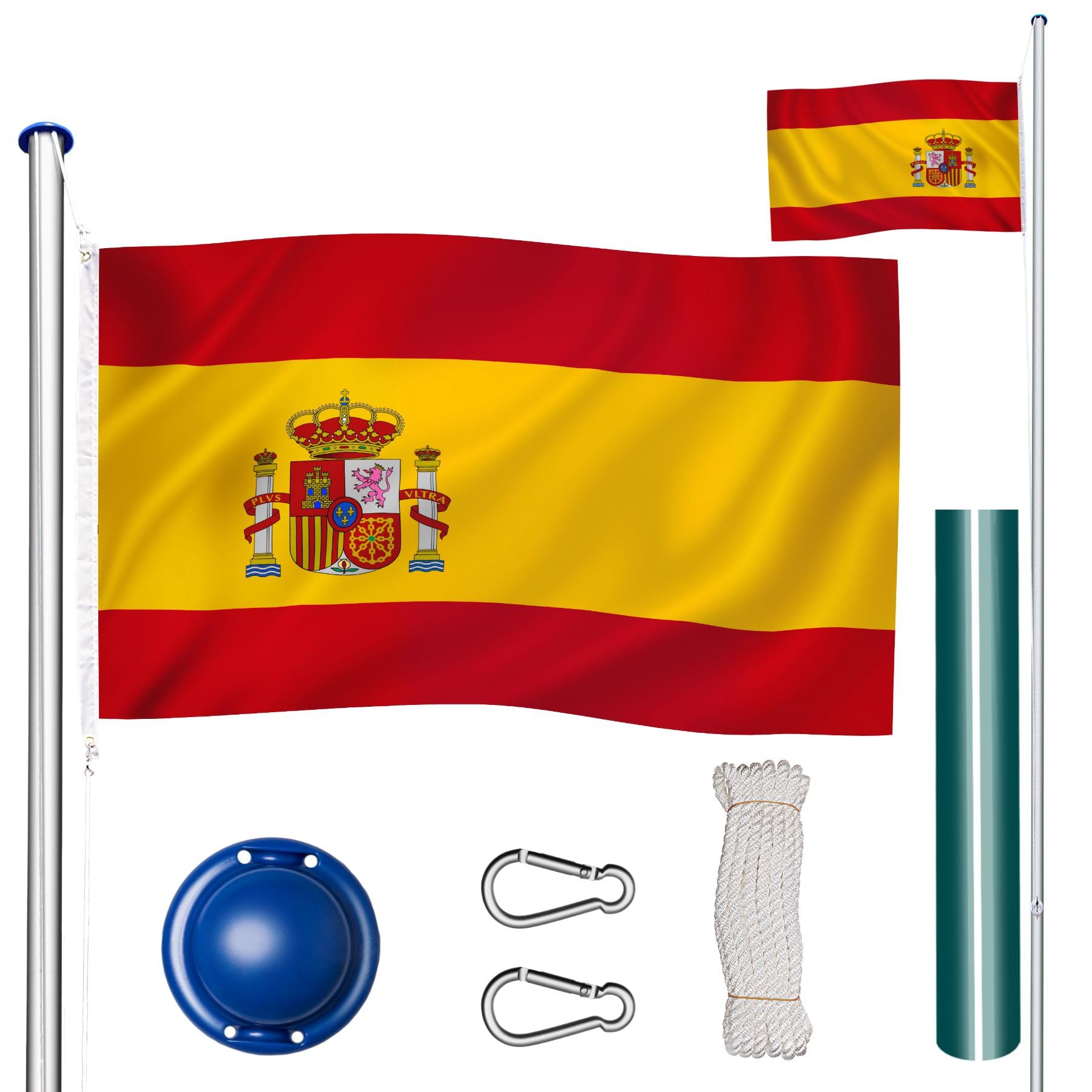 tectake® Mástil Bandera Altura Ajustable, Mástil Aluminio Altura Máx 6,25 m, Asta Bandera con Casquillo para Suelo, Mástil Bandera Exterior con Cuerda de Izado, Montaje Rápido, Incl. Bandera España