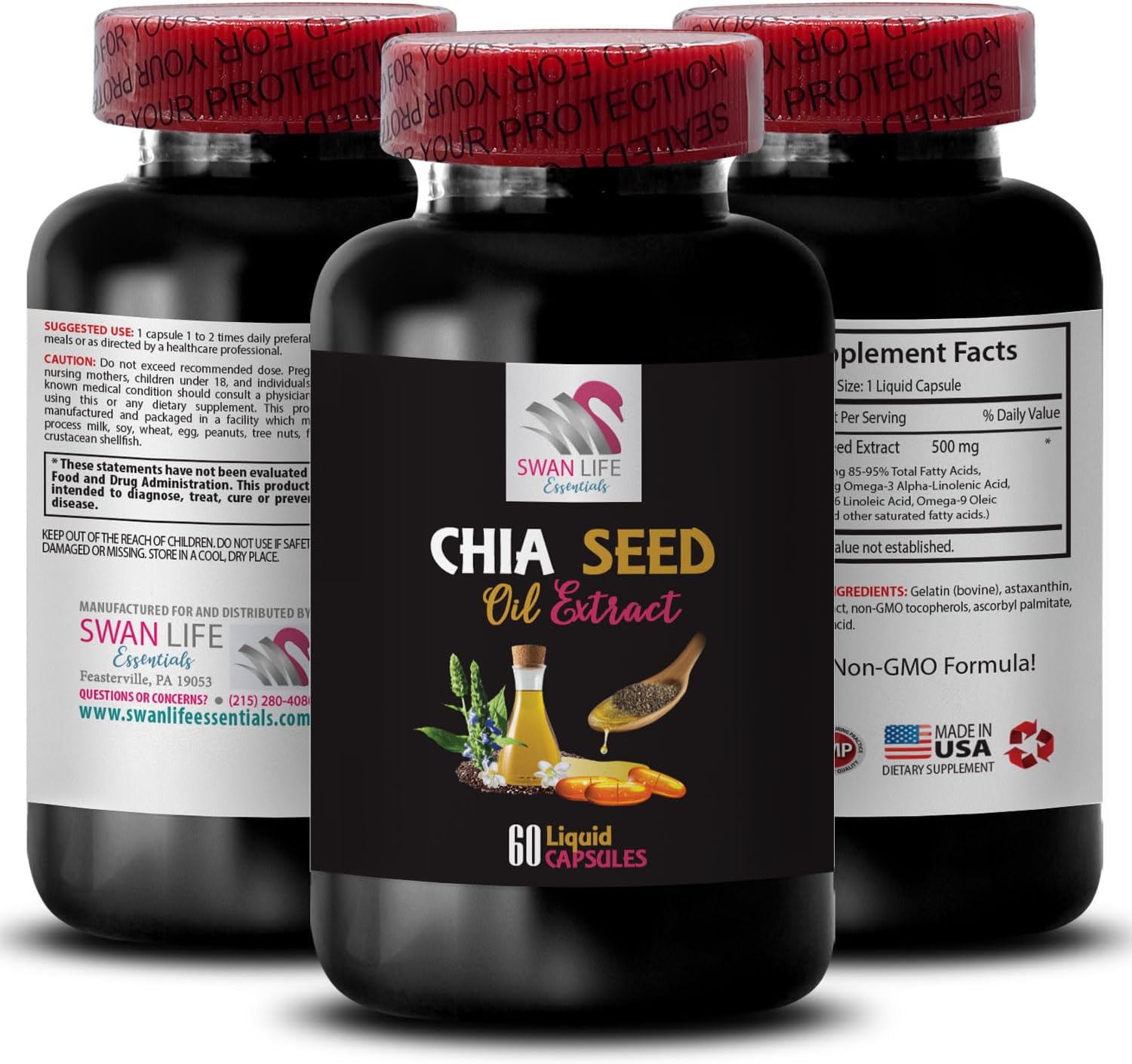 Non-Greasy Oil - CHIA Seed Oil Extract - Facial Oil, Lightweight Hydration, Skin Softener, Antioxidant-Rich, Body Hydration, Silky Finish, Hair Shine, Glow Oil, Natural Hair 2 Bottle 120 Capsules