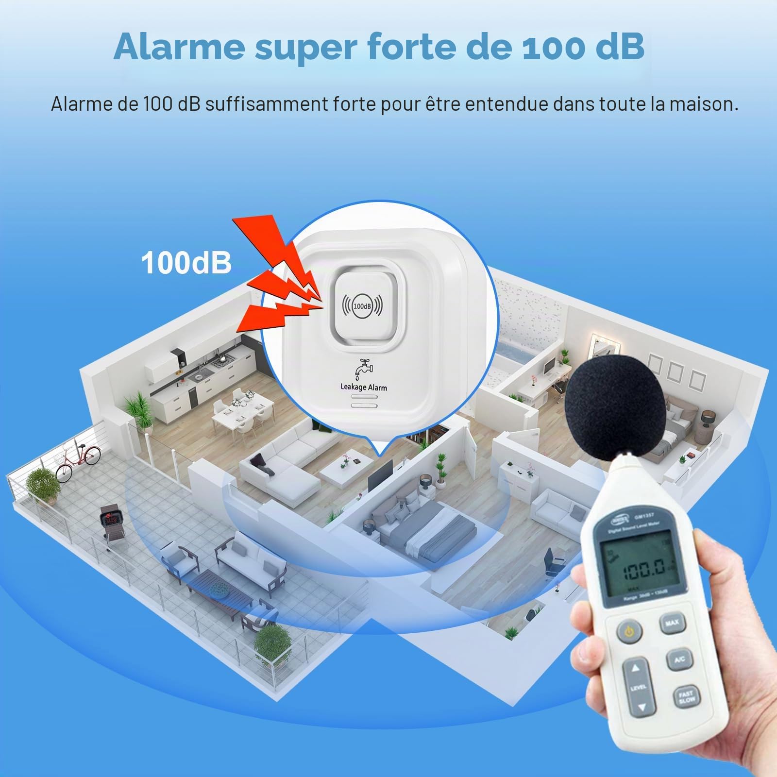 Detecteur de Fuite d'eau, 2,4GHz WiFi Alarme Maison sans Fil Compatible avec L'application Tuya, 100dB Capteur de Niveau d'eau avec 105cm Détachable Câble Alarme Piscine pour Cuisines, Caves, Sols