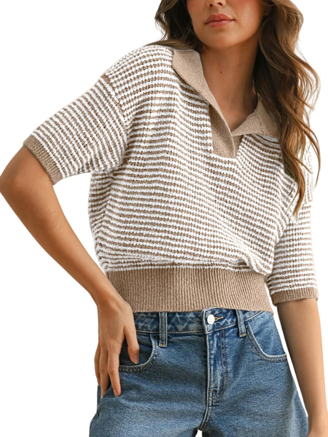 Skoinvb Womens Striped Cropped Sweater Short Puff Sleeve Fall Sweaters V Neck Tops Knit Casual Pullover Shirts Outfits