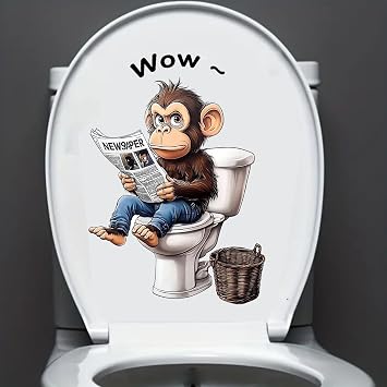 Cute Animal Reading Newspaper Toilet Lid Decal - Humorous Home Decor, Easy-to-Apply Ceramic Tile & Water Tank Decal, Semi-Gloss Finish, Cat Bathroom Decor Monkey