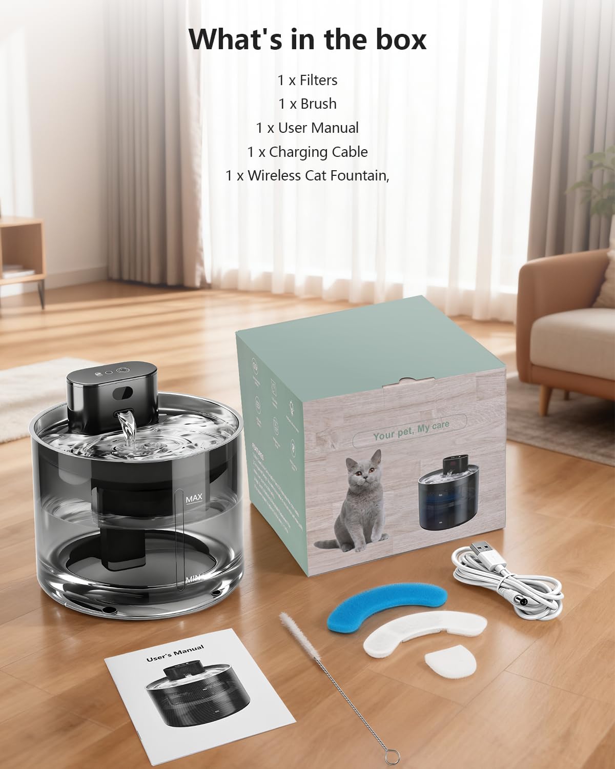 Fuente para Gatos sin Cable: 3.5L Bebedero Gatos con Sensor de Movimiento, 5000mAh Dispensador Agua Mascota con Bateria Recargable, Inoxidable Bandeja para Beber