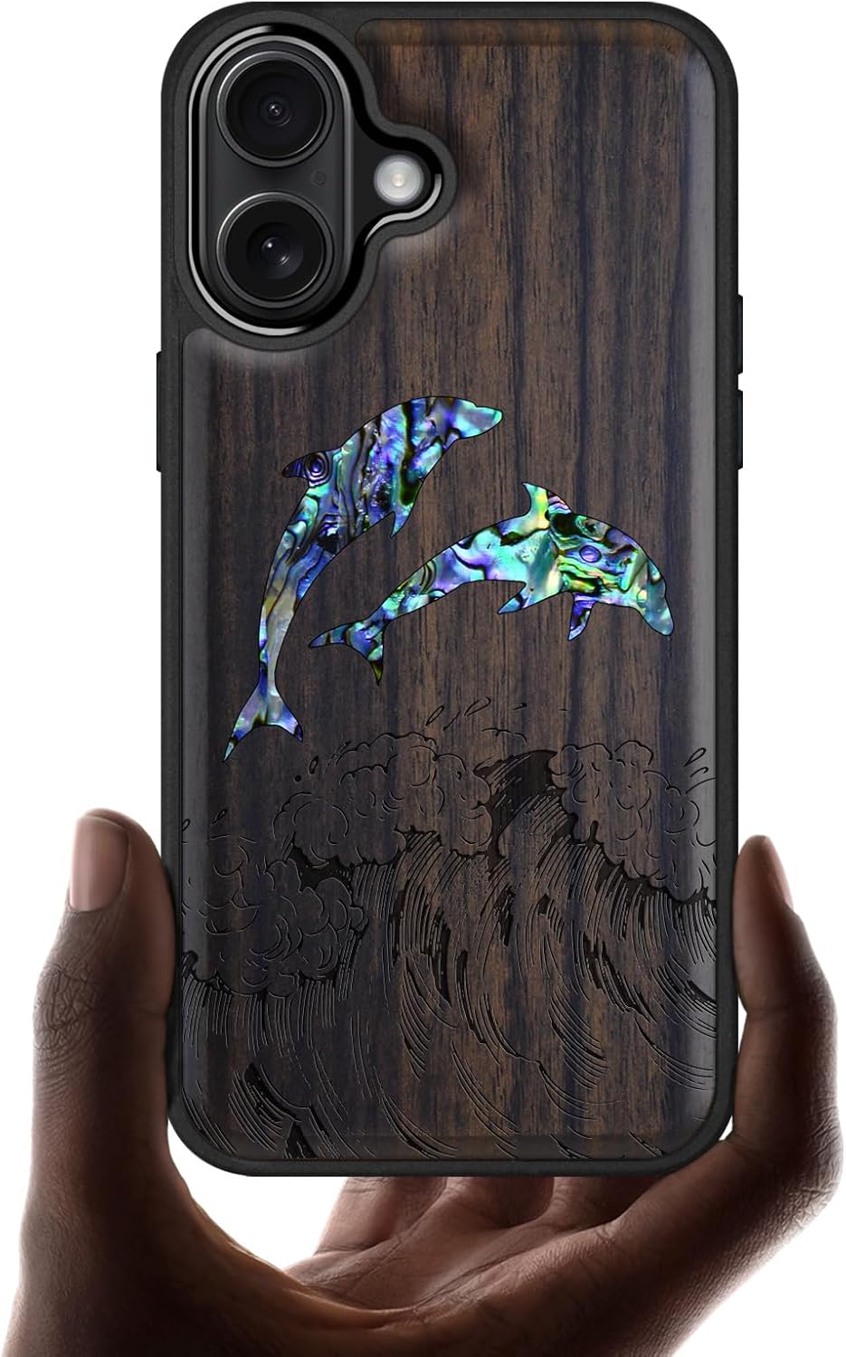 Carveit Magnetic Wooden Case for iPhone 16 Case, Wood Artisan Engraved & Handmade Shell Inlaid, TPU Shockproof Cover, Compatible with MagSafe Wireless Chargers (Dolphins in The Waves) Blackwood