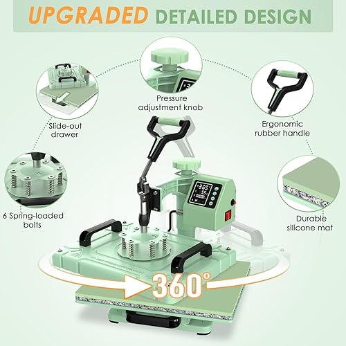 Miniatura 5 de Slendor Máquina de prensa de calor 5 en 1 de 12 x 15 pulgadas, máquina de prensado de camisetas de 360, prensa de calor digital de transferencia de