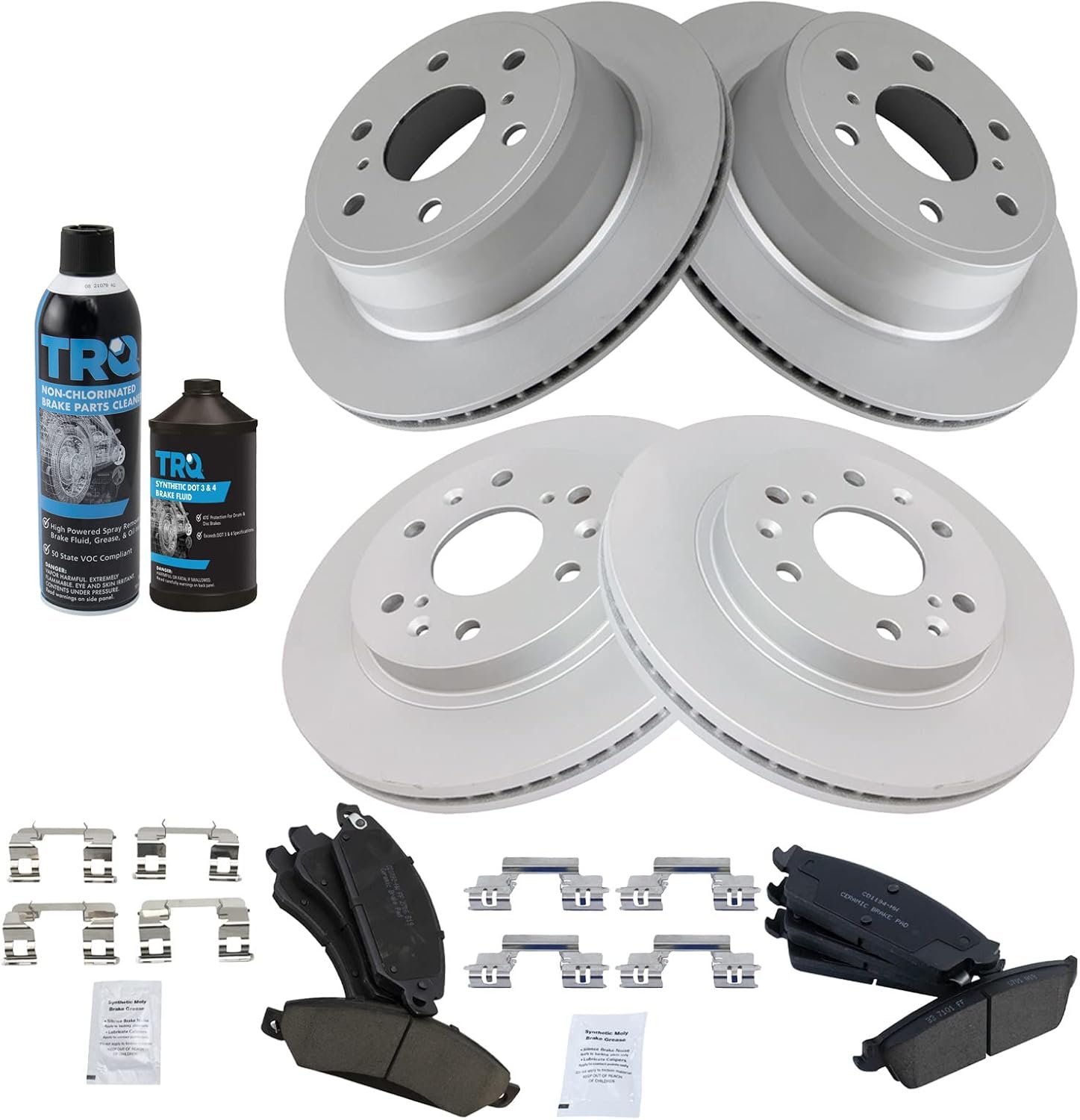 TRQ Brake Pad & Coated Rotor Kit Ceramic Front & Rear w/Fluids Compatible with Chevy GMC