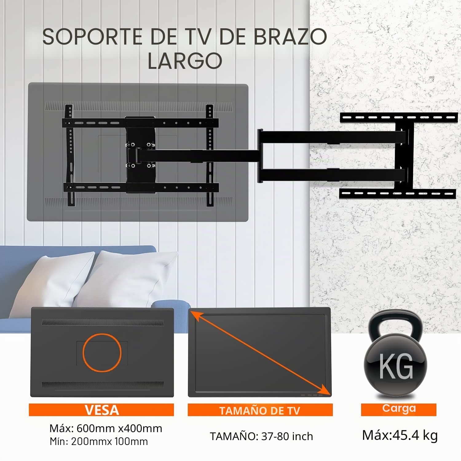 Soporte TV Pared 120 cm Extralargo Brazo para Pantallas de 37-75 Pulgadas | Soporte TV Inclinable y Giratorio 90°, MAX VESA 600x400mm, máx 45KG