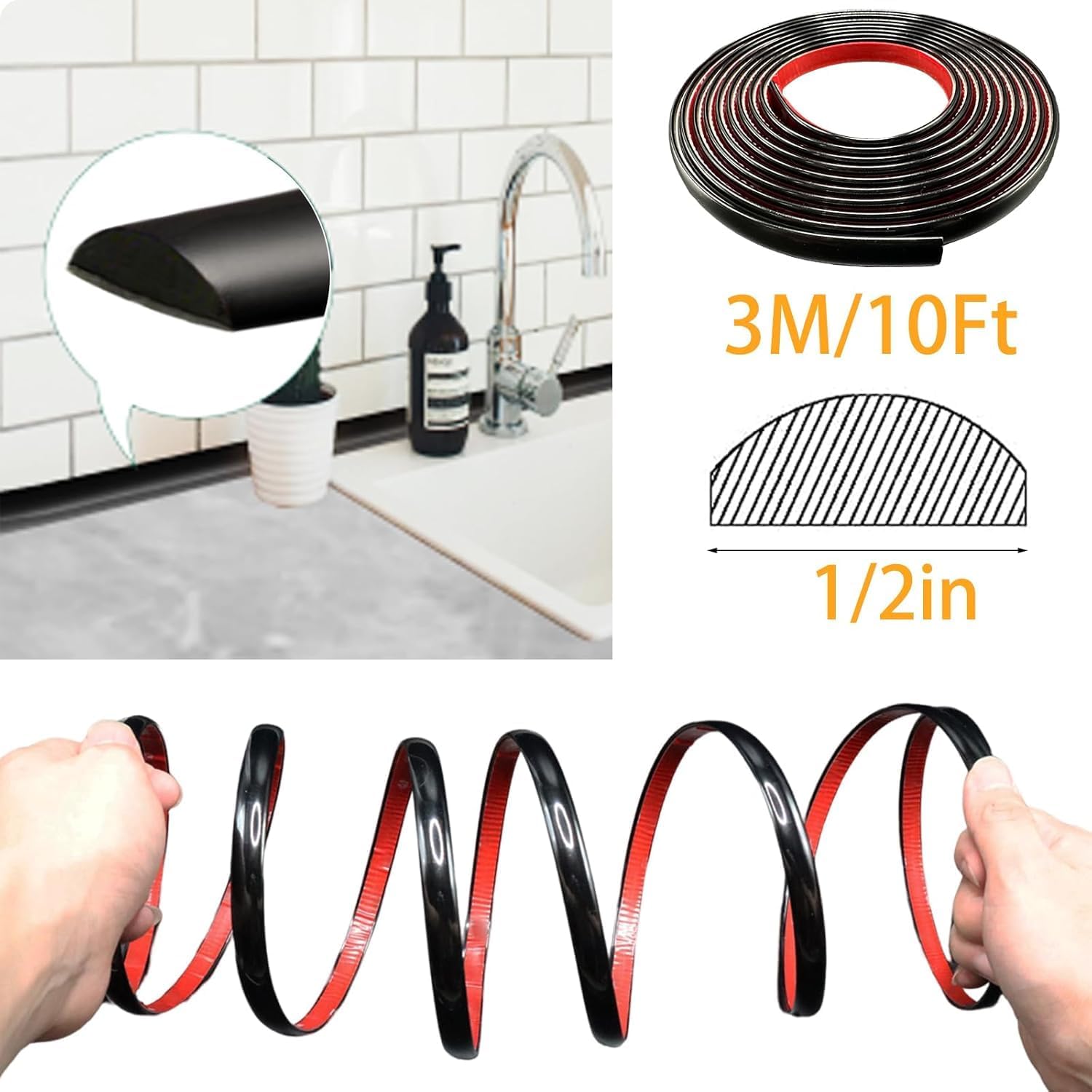 22Ft Black Peel and Stick Trim Molding, Premium Self-Adhesive Wall Trim for Tile Edges, Furniture Accent, and Kitchen Backsplash Decor in Black (5 Colors) image 4