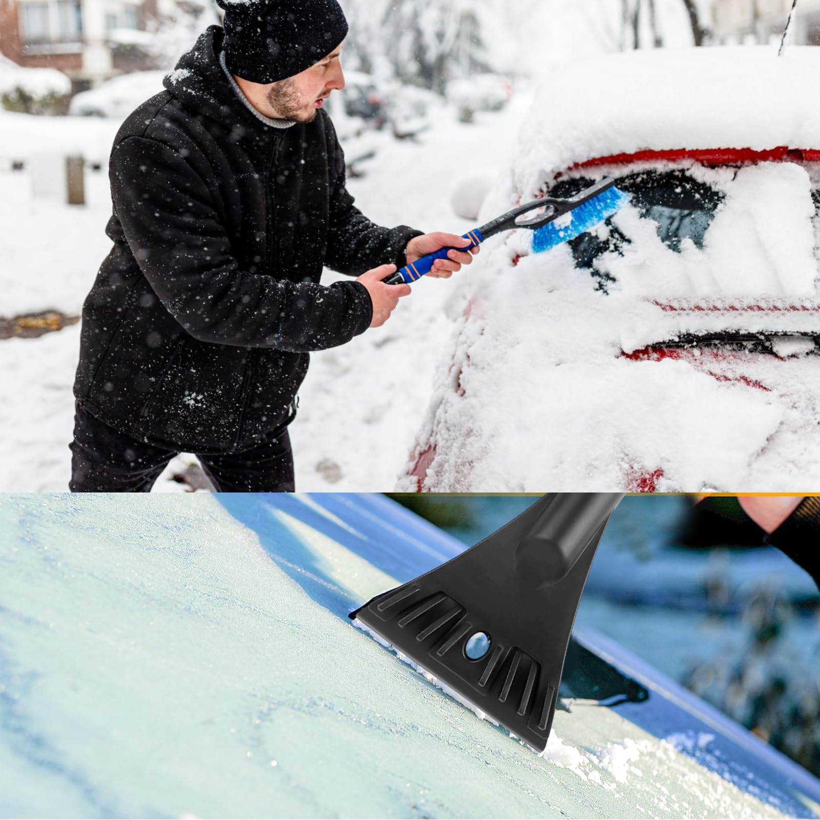 Zestaw Mino Plus 2w1 Premium skrobaczka do lodu, skrobaczka do szyby, narzędzie do czyszczenia szyby z śniegu, miotełka do śniegu z uchwytem z pianki do szyb samochodów osobowych, SUV i ciężarówek