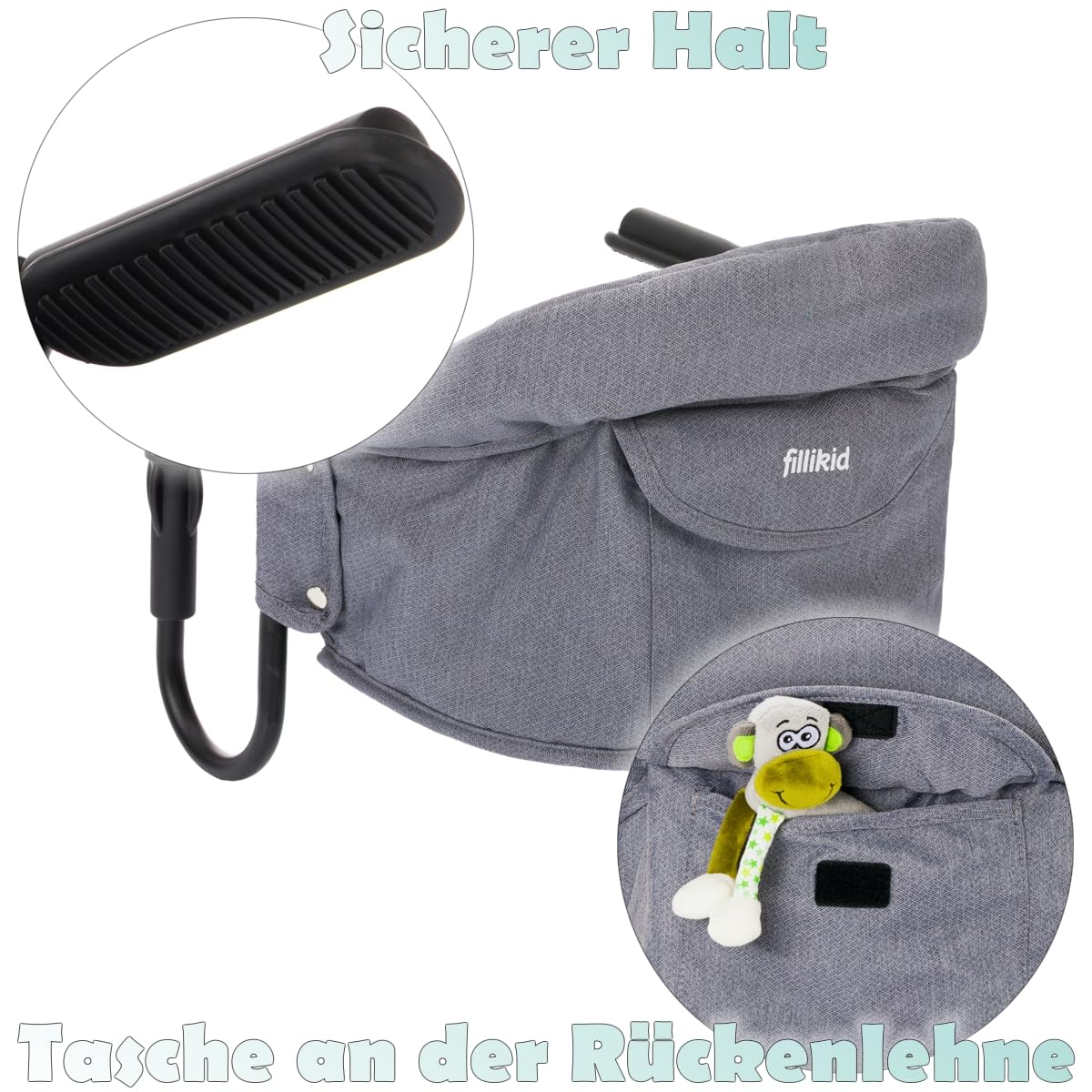 Faltbarer Tischsitz Baby Stuhlsitz mit Transporttasche für Tischplatten bis 8,5 cm praktisch für Zuhause und Unterwegs (Grau)