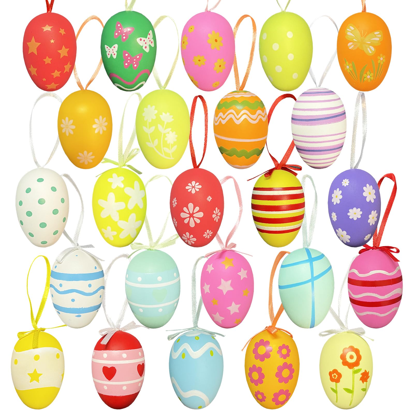 NOZVYCI 24 Stück Ostereier zum Aufhängen, 6CM Ostereier Plastik Groß zum Aufhängen Easter Kinder Ostern Basteln Deko Plastikeier Bunt mit Seidenband für die Osterdekoration - Bunt