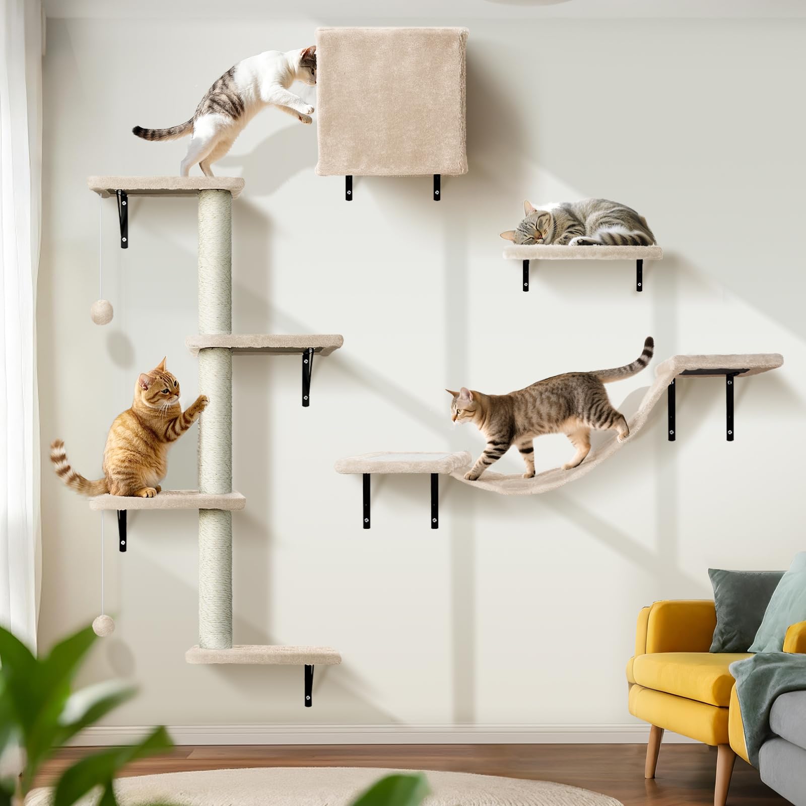 Kletterwand Katzen 10-teilig, Wandmontage Katzenmöbel Set mit Katzenbrücke, Katzenhaus, Kratzbaum & Hängematte, Stabiler Katzentreppe bis 10 kg, Beige