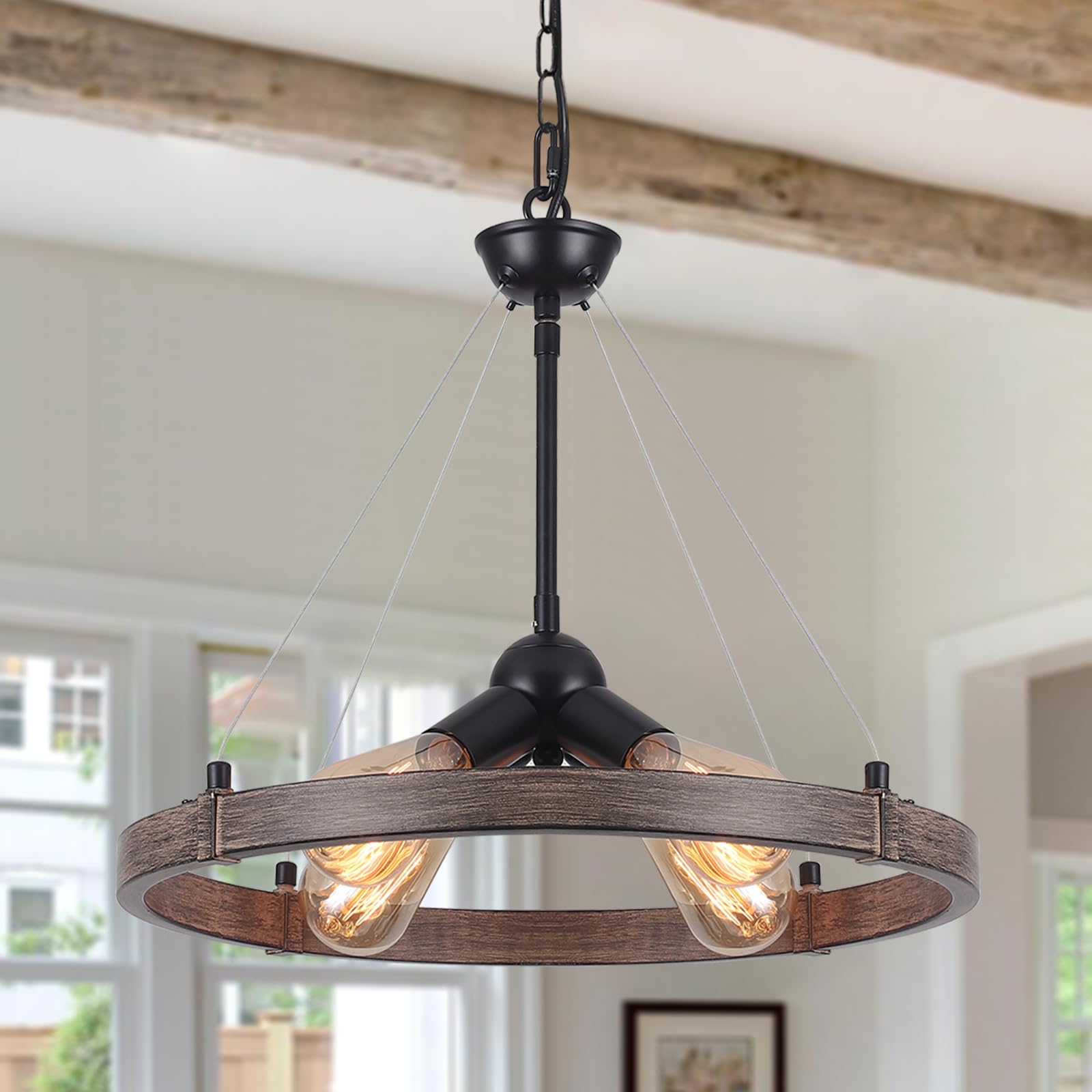 Industrial Lampadario A Forma Di Ruota Di Carro, 4 Luci Lampada A Sospensione Nera Lampadario Rustico Industriale Per Soggiorno Cucina Corridoio Camera Da Letto, Regolazione Dell'Altezza