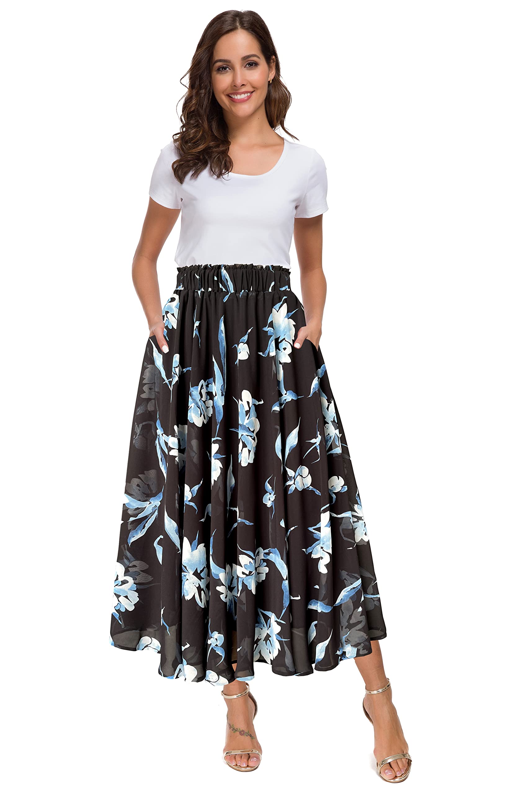 Afibi Women High Waist Floral Print Swing Chiffon Beach Midi Long Skirt with Pockets, Black, Medium