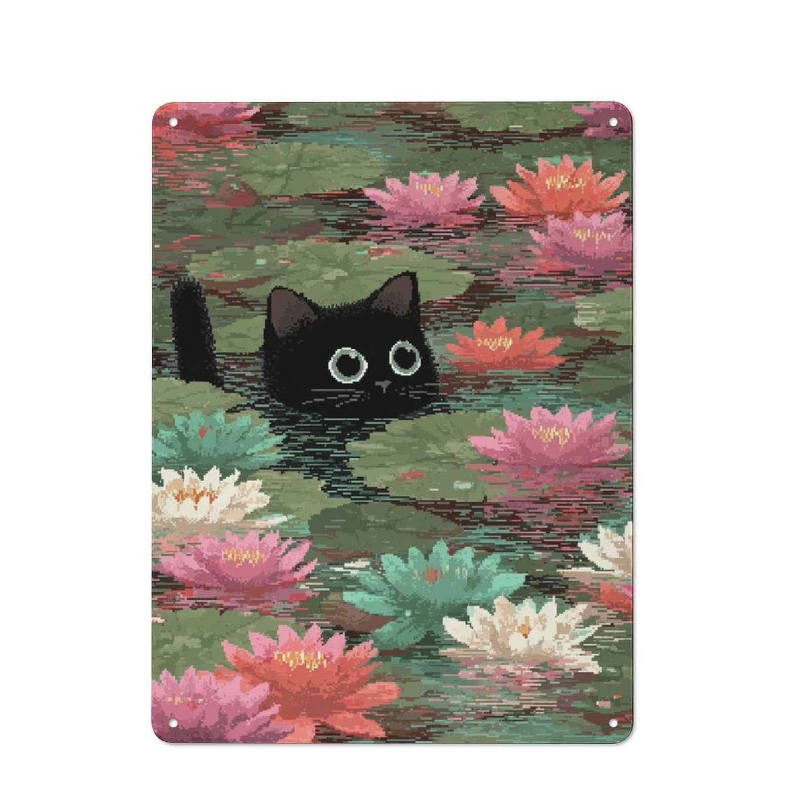 Junmoney Style-3 Tin Wall Sign With Black Cat In Lily Pond Pixel Art Design 40X30cm, Cosy Cafe Wall Decor For Kitchen, Cafe, Pantry Or Dining Room
