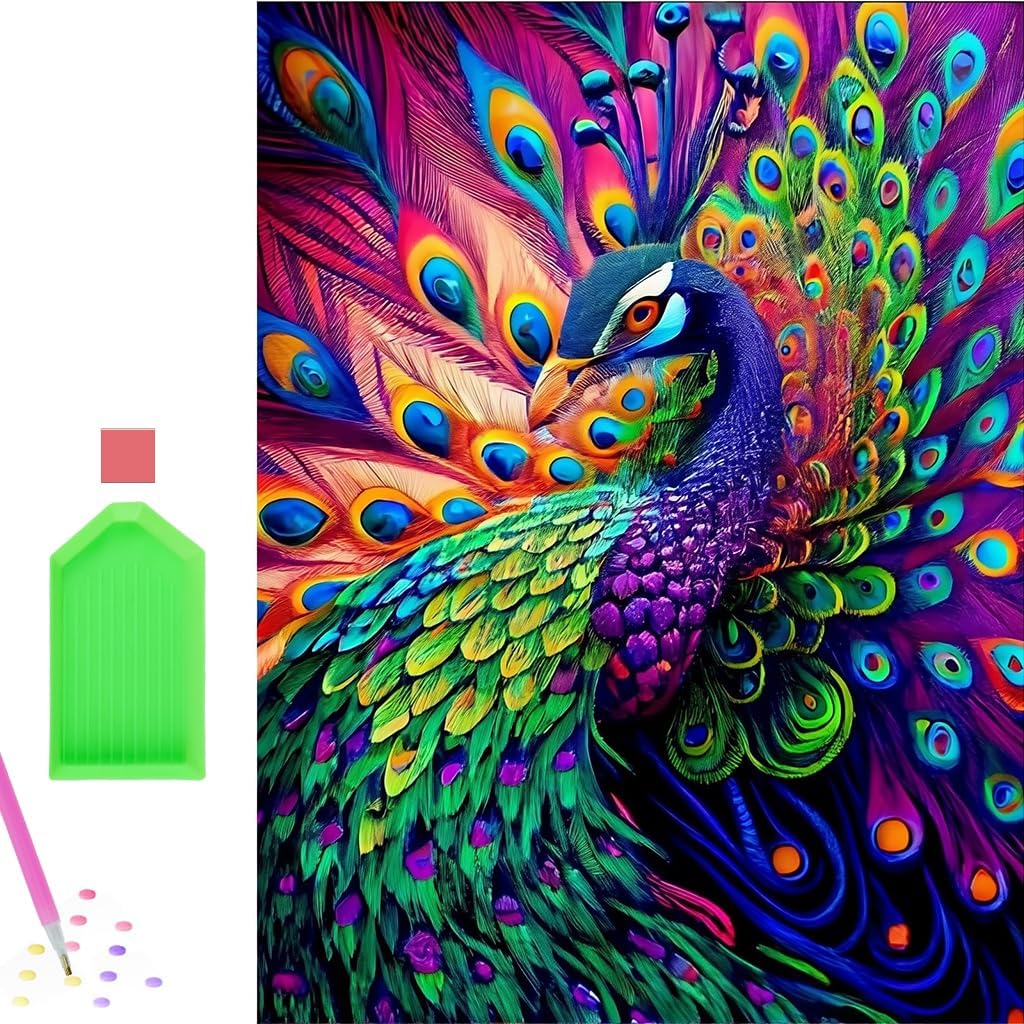 Anmok 5D Peacock Diamond Painting Kit | DIY Full Drill Diamond Art Kit with Acrylic Canvas & Round Diamonds | Crystal Rhinestone Embroidery Craft for Adults & Beginners | Home Wall Décor-image-2