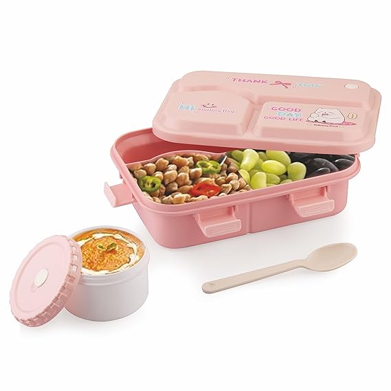 ATTRO Smiley Bite Plastic Lunch Box – 3 Compartment Bento Tiffin, Leak-Proof & Durable, Plastic Spoon, Ideal for Kids, School, Picnic– 1220ml+200ml, Peach