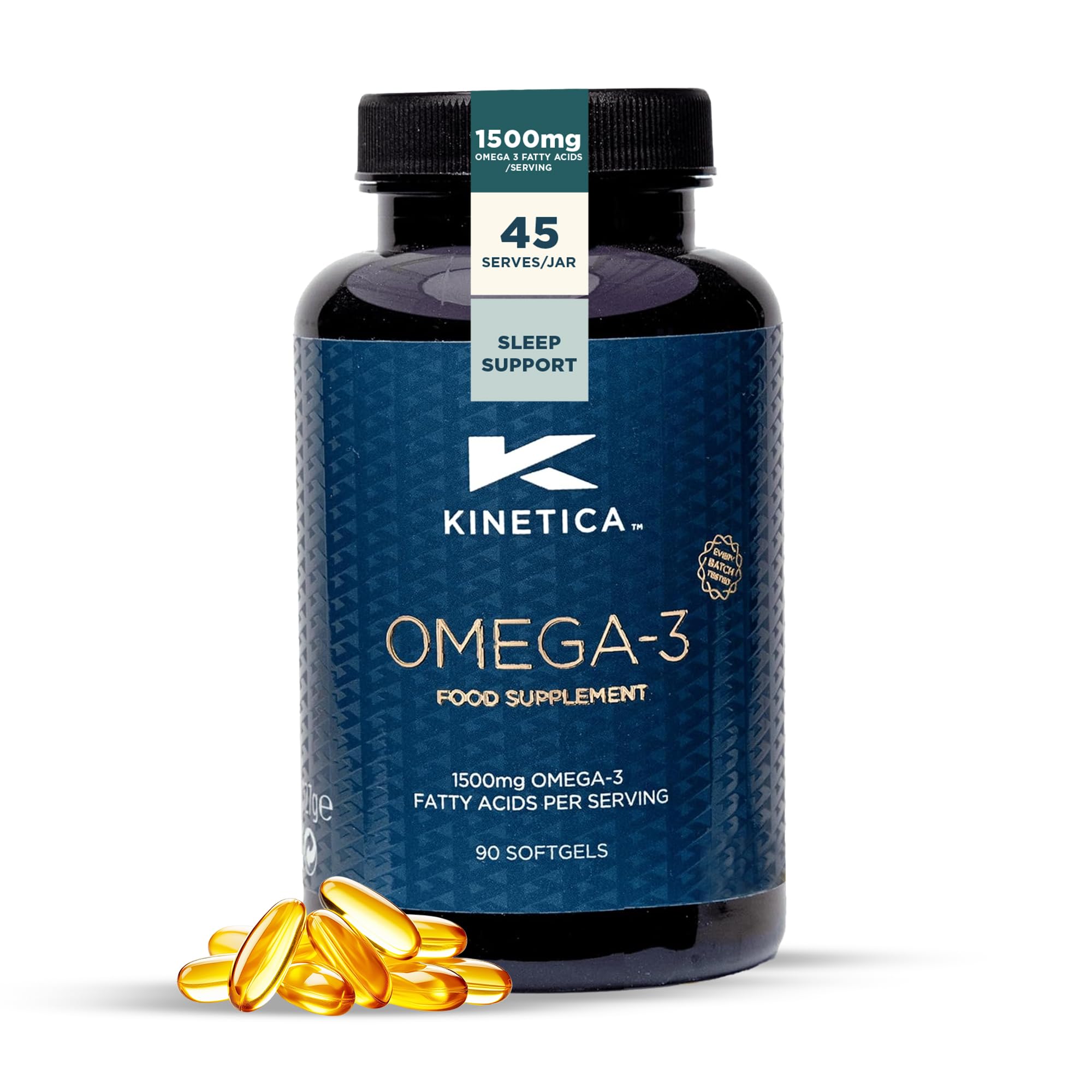 Kinetica Sports Omega-3 Fish Oil Capsule | 45 Servings, 90 Softgel Tablets | 1500mg Omega-3 Fatty Acids (1000mg EPA + 500mg DHA)/Serve| High Strength Omega 3 Supplement| WADA & Informed Sport Approved