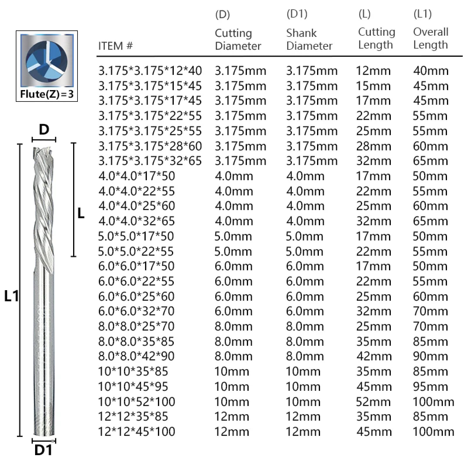 Frez CNC 3 flet do góry i w dół rzeźbiony frez z węglików spiekanych do cięcia metalu aluminium, 6x6x32x70