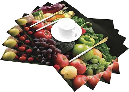 Miniatura 6 de Juego de 6 manteles individuales de PVC con diseño de frutas y verduras, antideslizantes, 12 x 18 pulgadas, juego de manteles individuales duraderos