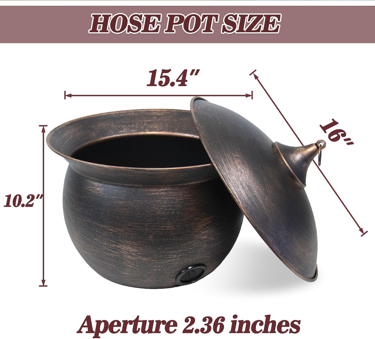 Metal Garden Hose Storage Pot, Vintage Copper Finish Hose Holder with Lid, Heavy-Duty Outdoor Water Hose Container for Patio/Yard/Lawn Decor