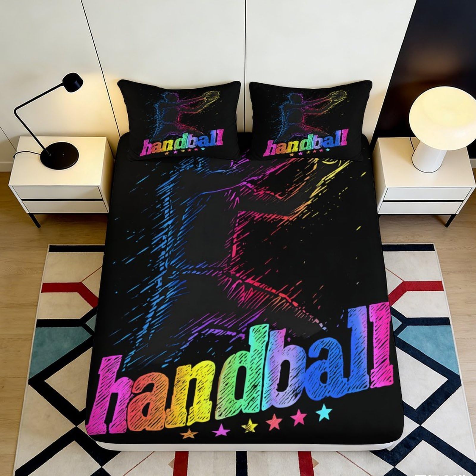 3D Printed Handball Art Fitted Sheet Microfiber Colourful Bedroom Decor Bed Cover for Adult Youth Mattress Protection 90x200x25cm